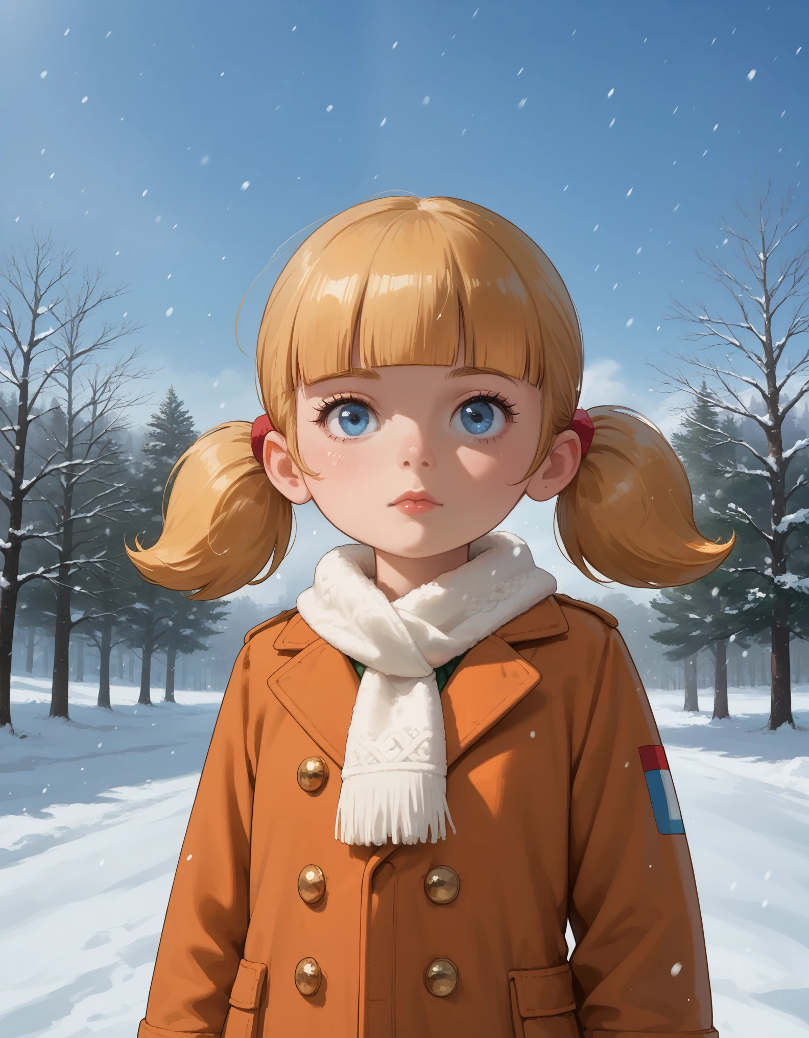 score_9, score_8_up, score_7_up, sgstyle, BREAK, 1girl, solo, female focus, 1girl, penny_ig, BREAK,
1girl, penny, blonde hair, twintails, blunt bangs, blue eyes,
winter clothes, white scarf, coat, 
expressionless, looking at viewer, outdoors, snow, snowing, solo, tree, winter  