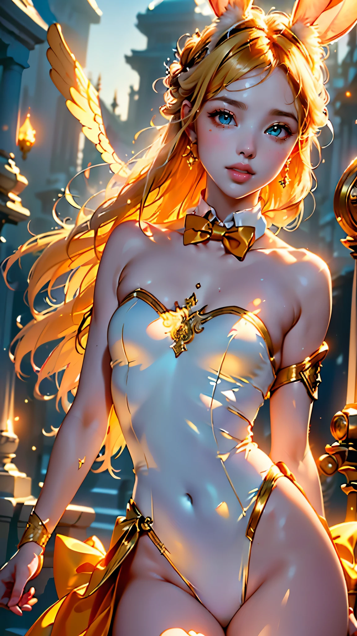 masterpiece,  best quality,  extremely detailed CG Unity 8k wallpaper, ( Upper Body Close-up of a Beauty's Head ), ,  long elegant blond hair , (Mckenna Grace), (flat chest,thighs), (Orange-blue ) golden (shiny tutu, long rabbit ears , ,  bow tie , No panties, visible genitals), (running away), (Blush), oily skin, ( seductive smile ), (Wonderful),  beautiful face, arte-chave, awarded,  intricate details realism HDR , by ( ruan jia and artgerm and range murata ), photorealism, hyperrealism,  ultra realistic , dramatic light,  intense shadows , gorgeous view,   depth of field 
 
