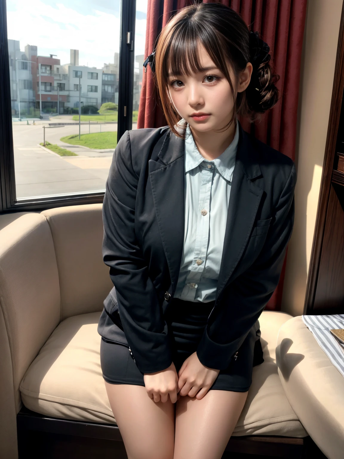 top-quality、hight resolution、ultra-detailliert、masterpiece、Raw photography、realisitic、Photorealsitic、extremely delicate and beautiful、finely detail、Textured skin、(in office)、2 people,man and woman、japanese、22year old both、(((woman is office lady wearing office lady uniform,man is businessman wearing suits)))、woman upskirt and Showing pink panties,detailed panties,detailed frilled panties showing,(((the man sitting on chair and woman riding on the man))),kissing,office uniform like suits style、tall、Brown hair、wavy hair,short hair,Wearing makeup、(Bare legs:1.5)、perfectly proportions, closed eyes,sexual position where the man lies flat on his back and the woman sits on top, cowgirl position,spreading her legs,focus her thighs,from below,dynamic angle