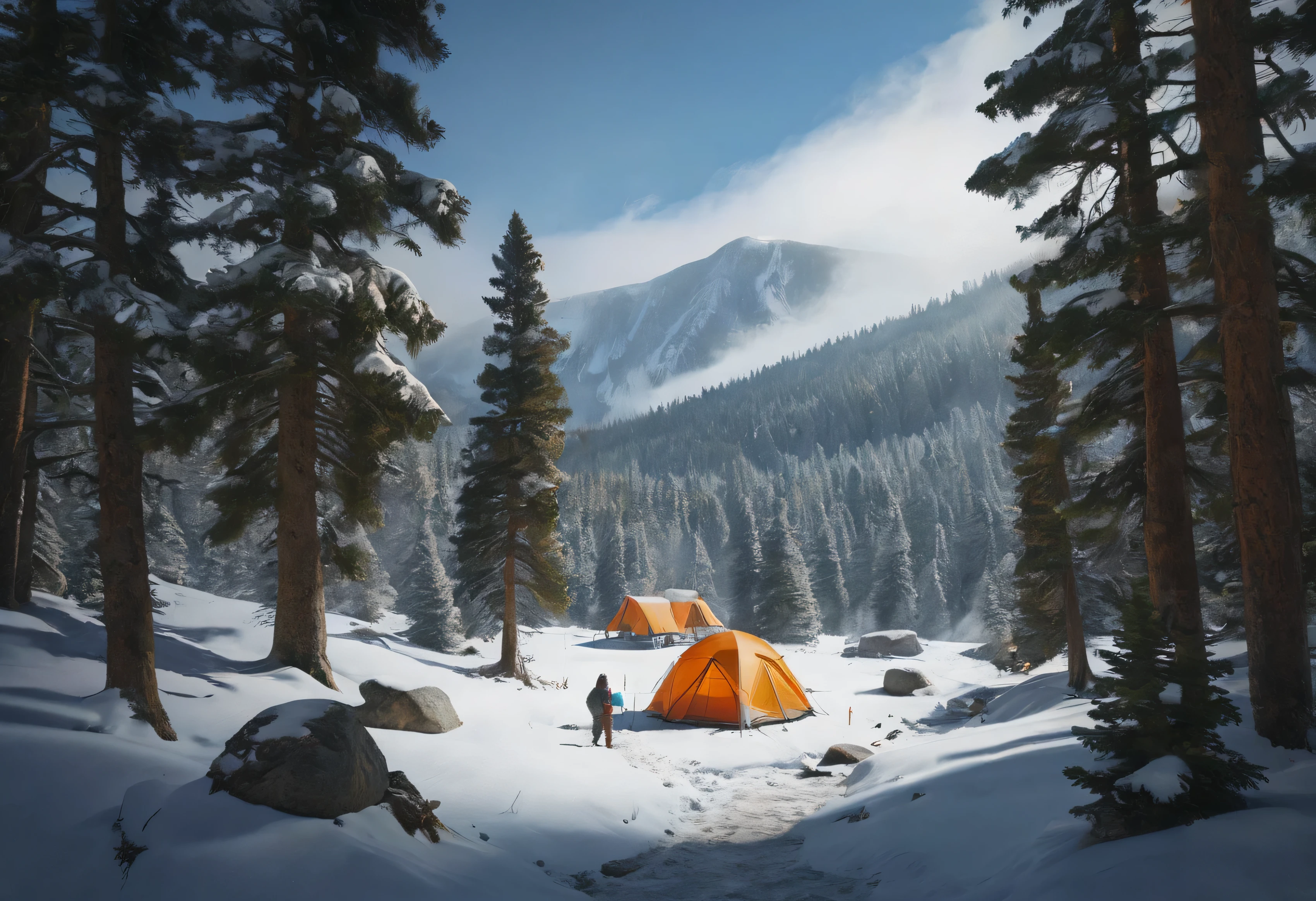 "A snowy forest scene with fresh snow covering pine trees and the ground, showing a well-equipped campsite with a cozy tent, a small campfire, and a pair of snowshoes leaning against a tree. The scene captures the spirit of a winter adventure, surrounded by untouched snow, crisp air, and a serene atmosphere. Snowy mountains can be seen in the background under a clear, bright winter sky. No human figures or body parts are visible, focusing solely on the natural beauty and camping equipment."