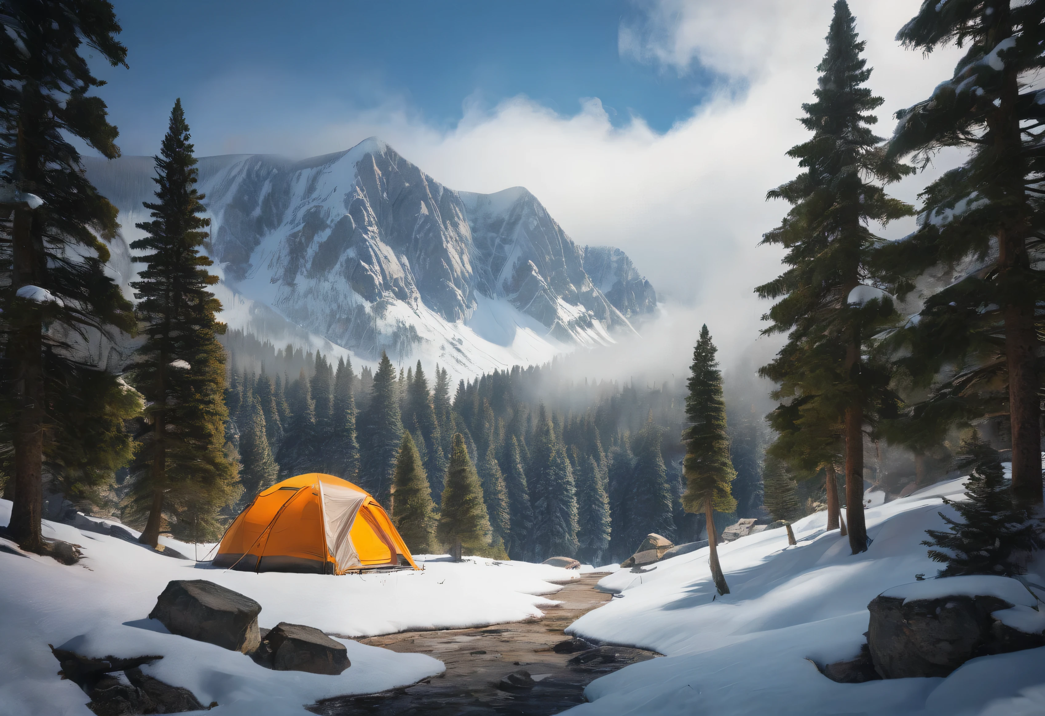 "A snowy forest scene with fresh snow covering pine trees and the ground, showing a well-equipped campsite with a cozy tent, a small campfire, and a pair of snowshoes leaning against a tree. The scene captures the spirit of a winter adventure, surrounded by untouched snow, crisp air, and a serene atmosphere. Snowy mountains can be seen in the background under a clear, bright winter sky. No human figures or body parts are visible, focusing solely on the natural beauty and camping equipment."