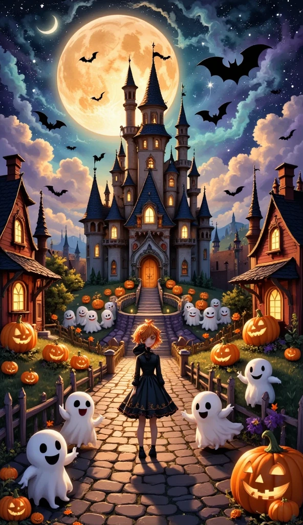 (masterpiece,  best quality :1.2), Halloween scene, amusement park，castle， playful crowd，moon， Bats ，Adorable ghosts ，Halloween Background,Night Sky