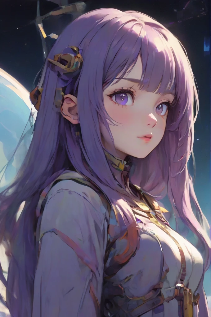 ((best quality)), ((masterpiece)), (detailed), perfect anime waifu girl face, her name is Lovelot, she has long straight purple hair, she wears a white tunic with a series of shapes printed on it that look like code, her skin is brown, her eyes are purple, she's cute but tough, she flies a pod spaceship that is parked next to her, she has just landed on a strange planet, strange brutalist style architecture, surreal, art nouveau, in the illustrative style of moebius, spaceships, fantasy, sci-fi, graphic novel, line drawing, french retro, 60s psychedelic, trippy, hippy, ((purple, yellow, and light blue)), big breasts, cleavage, 