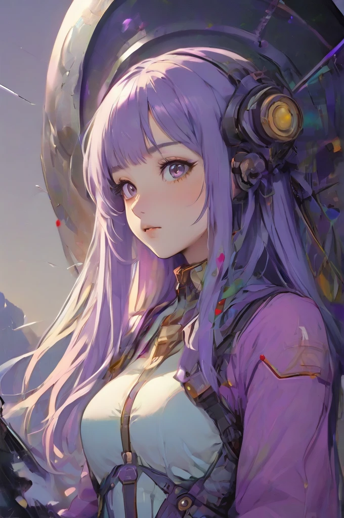 ((best quality)), ((masterpiece)), (detailed), perfect anime waifu girl face, her name is Lovelot, she has long straight purple hair, she wears a white tunic with a series of shapes printed on it that look like code, her skin is brown, her eyes are purple, she's cute but tough, she flies a pod spaceship that is parked next to her, she has just landed on a strange planet, strange brutalist style architecture, surreal, art nouveau, in the illustrative style of moebius, spaceships, fantasy, sci-fi, graphic novel, line drawing, french retro, 60s psychedelic, trippy, hippy, ((purple, yellow, and light blue)), big breasts, cleavage, 