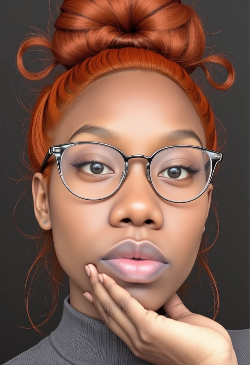 (Destini, official style),(Patty:1.2),ginger hair,Afro,ponytail,blunt bangs,looking at viewer,glasses,highly detailed face,beautiful detailed eyes,beautiful detailed lips,extremely detailed eyes and face,long eyelashes,photorealistic,cinematic lighting,award winning photography,color graded,octane render,cinema 4d,trending on artstation