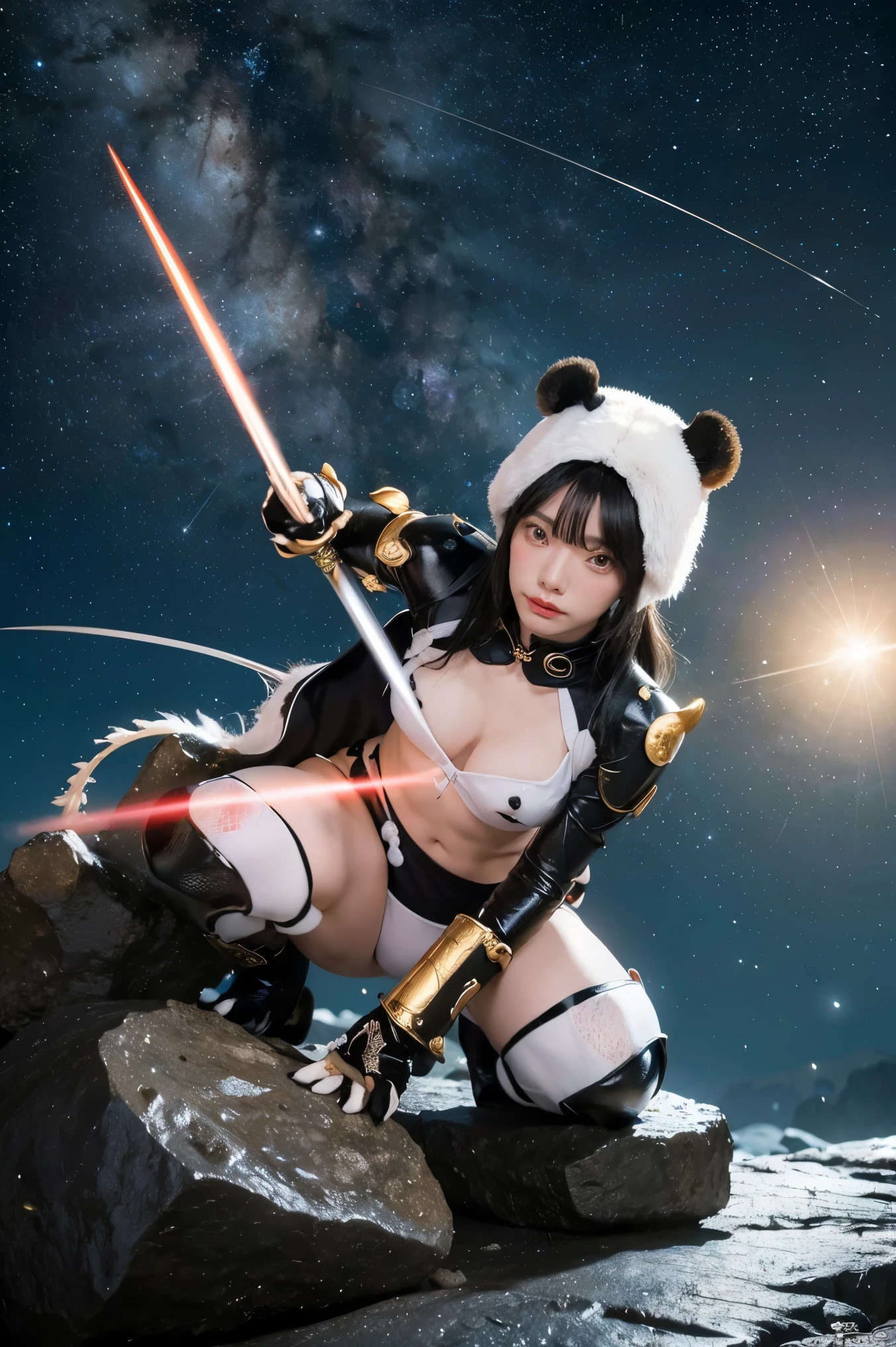 Highest quality, masterpiece, Realistic, High resolution, 8K RAW Photos, 1girl、Long Hair、goddess、Holding a decorated sword、Raise your sword、Glamour、(White bodysuit with panda motif、Gold Edge)、during、Earrings、(Action pose)、(On a rock on a planet where you can see a meteor shower)、(Many tentacles floating in the starry sky）、Panda Shield、Panda Missile、Panda Sword、Panda Armor、Attack with Panda、Panda fighting goddess、horn、