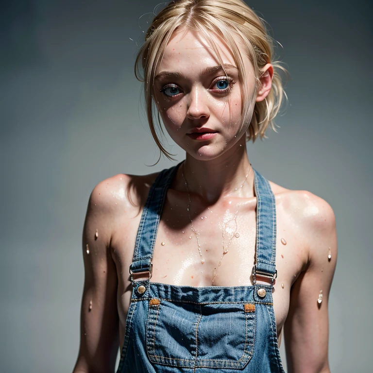 8k quality, wet body, clean body, little breasts, dakota fanning, shy, short hair, grey overalls,