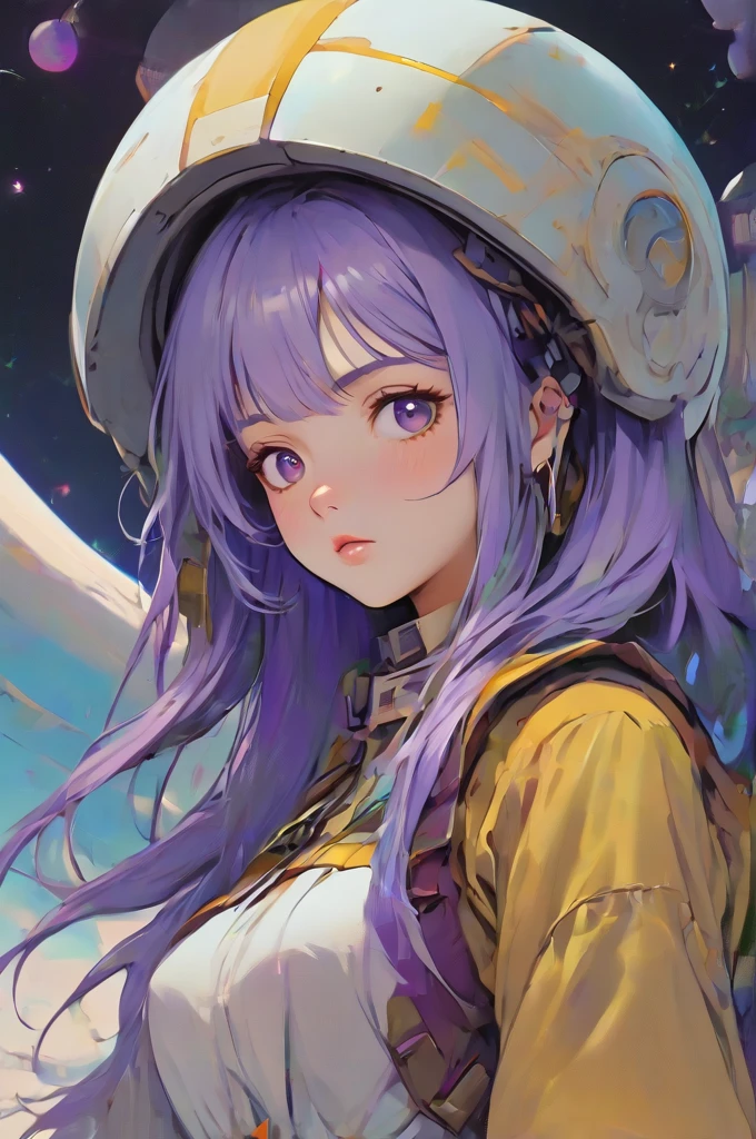 ((best quality)), ((masterpiece)), (detailed), perfect anime waifu girl face, her name is Lovelot, she has long straight purple hair, she wears a white tunic with a series of shapes printed on it that look like code, her skin is brown, her eyes are purple, she's cute but tough, she flies a pod spaceship that is parked next to her, she has just landed on a strange planet, strange brutalist style architecture, surreal, art nouveau, in the illustrative style of moebius, spaceships, fantasy, sci-fi, graphic novel, line drawing, french retro, 60s psychedelic, trippy, hippy, ((purple, yellow, and light blue)), big breasts, cleavage, 