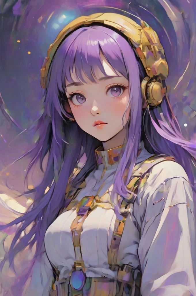 ((best quality)), ((masterpiece)), (detailed), perfect anime waifu girl face, her name is Lovelot, she has long straight purple hair, she wears a white tunic with a series of shapes printed on it that look like code, her skin is brown, her eyes are purple, she's cute but tough, she flies a pod spaceship that is parked next to her, she has just landed on a strange planet, strange brutalist style architecture, surreal, art nouveau, in the illustrative style of moebius, spaceships, fantasy, sci-fi, graphic novel, line drawing, french retro, 60s psychedelic, trippy, hippy, ((purple, yellow, and light blue)), big breasts, cleavage, 