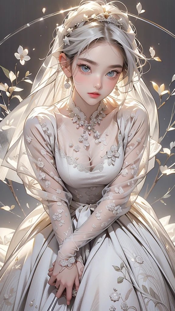 8k,Confused, High resolution, Very detailed, 1 Girl, alone, Very beautiful eyes, Ultra-precise depiction, Very detailed depiction, (Tangled:1.2), , (White high key background:1.5), (Wedding dress:1.2), See-through、Short platinum blonde, (Shiny skin), Many colors, , (Shooting from above:1.2),、Flat Body、slim、cute、、Round face、Cast a Shadow、See-through、