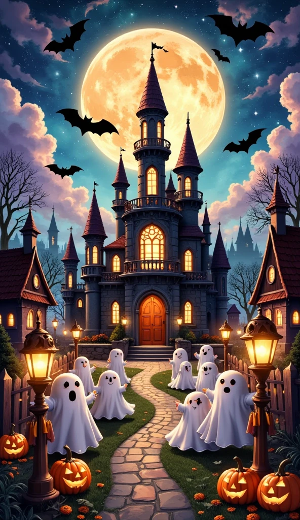 (masterpiece,  best quality :1.2), Halloween scene, amusement park，castle， playful crowd，moon， Bats ，Adorable ghosts ，Halloween Background,Night Sky