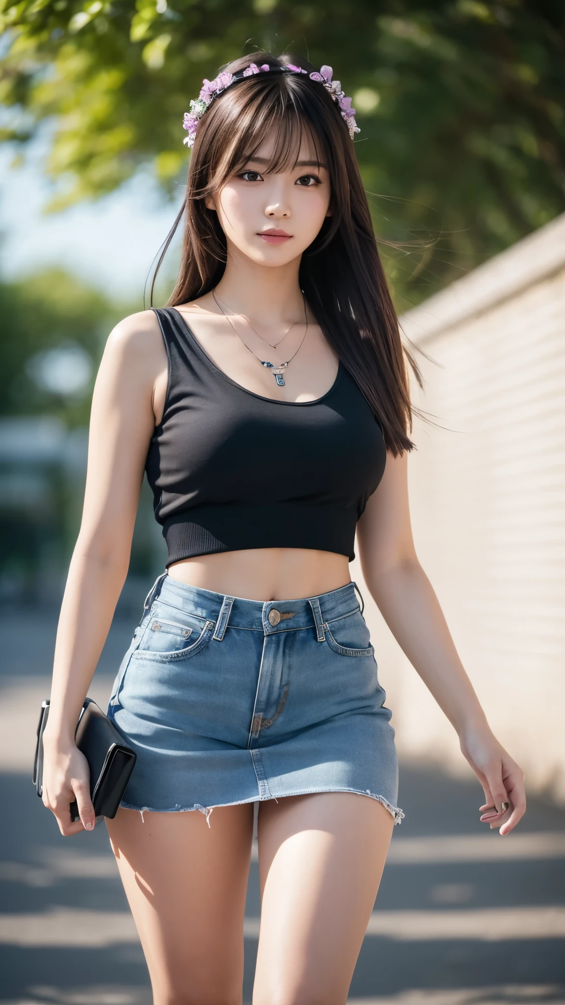 masterpiece, top-quality, 1 beautiful girl, ((Wearing dark black sunglasses )), (Detailed beautiful eyes), ((Detailed skin)) , ((Detailed medium hair)), A beautiful girl jeans tank top jeans and oversize high waist short ripped jeans, photo RAW, Camera angle behind, CG rendering, Blurred background, deep shadow, 16K, bokered, Very detailed, wallpaper, depth of field, movie light,, Ray tracing.