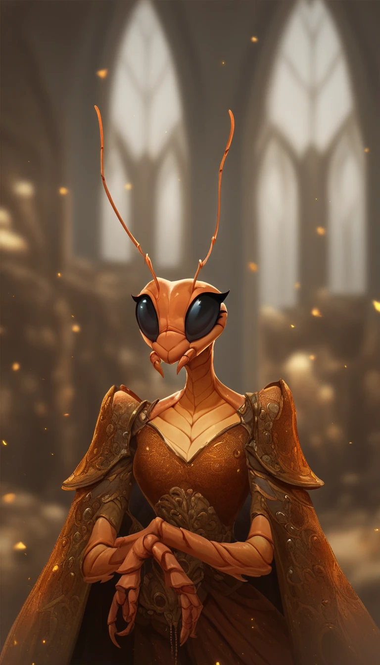 (((beautiful, high quality))), score_9, score_8_up, score_7_up, Thri Kreen, furry insect, colored sclera, beetle antennae, 2 pairs of hands, 1girl, black eyes, golden chitin, fantasy background, blurred background