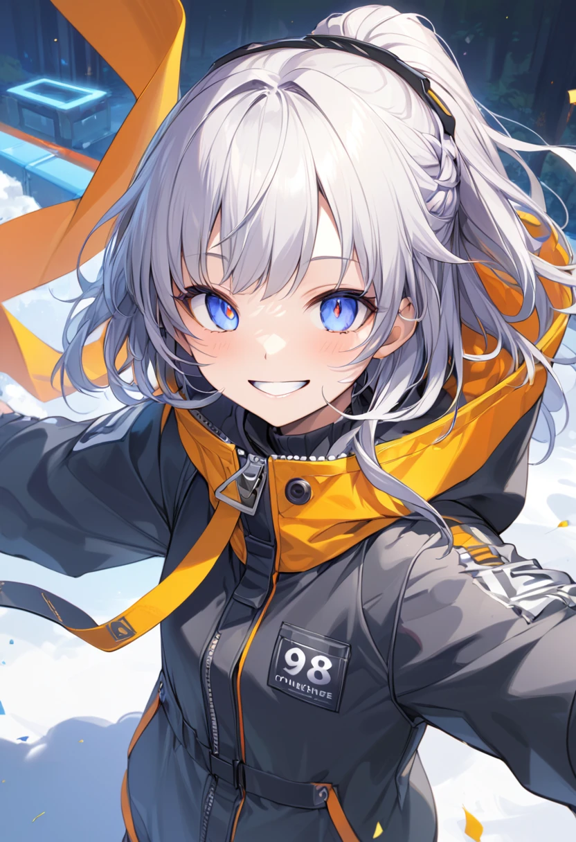 masterpiece, best quality, score_9, score_8_up, girl, petite, grin, jacket, outdoor,