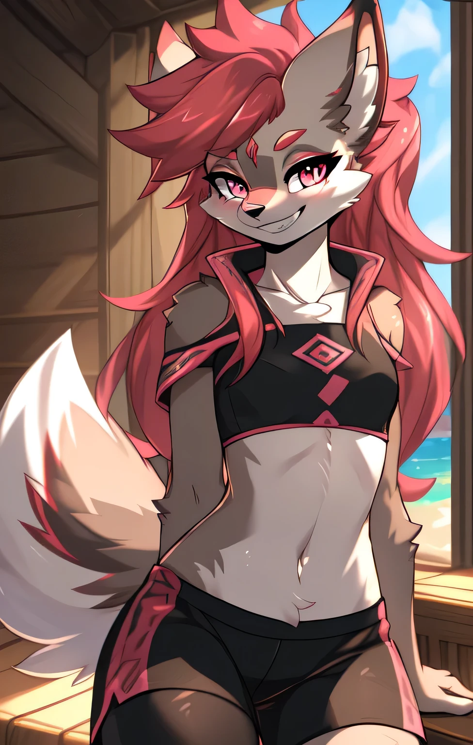 By zinfyuu on pixiv, by TwistedScarlet60, uploaded on pixiv, by fluff-kevlar, (masterpiece), (best quality), (human, furry:1.3, nose:1.2, human:1.3, furry:1.2, solo female:1.2), (extremely detailed:1.3), (pink_detailed_eyes), chemistry, thick thighs, wearing pink crop top, black shorts, pink high-rise thong, black stockings, ((satisfied grin, narrowed eyes, flirty grin,)), looking at viewer