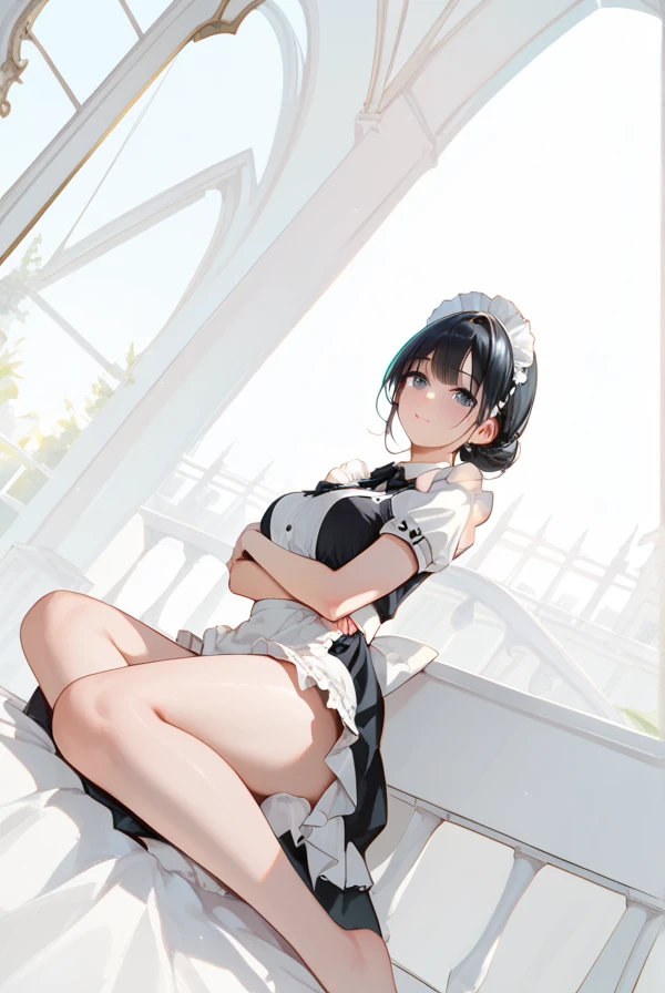 Black Hair, maid clothes,Thighs,Mansion,Maid knitting on the windowsill, anime style
