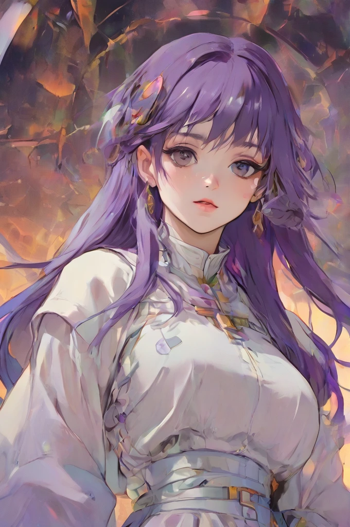 ((best quality)), ((masterpiece)), (detailed), perfect anime waifu girl face, her name is Lovelot, she has long straight purple hair, she wears a white tunic with a series of shapes printed on it that look like code, her skin is brown, her eyes are purple, she's cute but tough, she flies a pod spaceship that is parked next to her, she has just landed on a strange planet, strange brutalist style architecture, surreal, art nouveau, in the illustrative style of moebius, spaceships, fantasy, sci-fi, graphic novel, line drawing, french retro, 60s psychedelic, trippy, hippy, ((purple, yellow, and light blue)), big breasts, cleavage, 