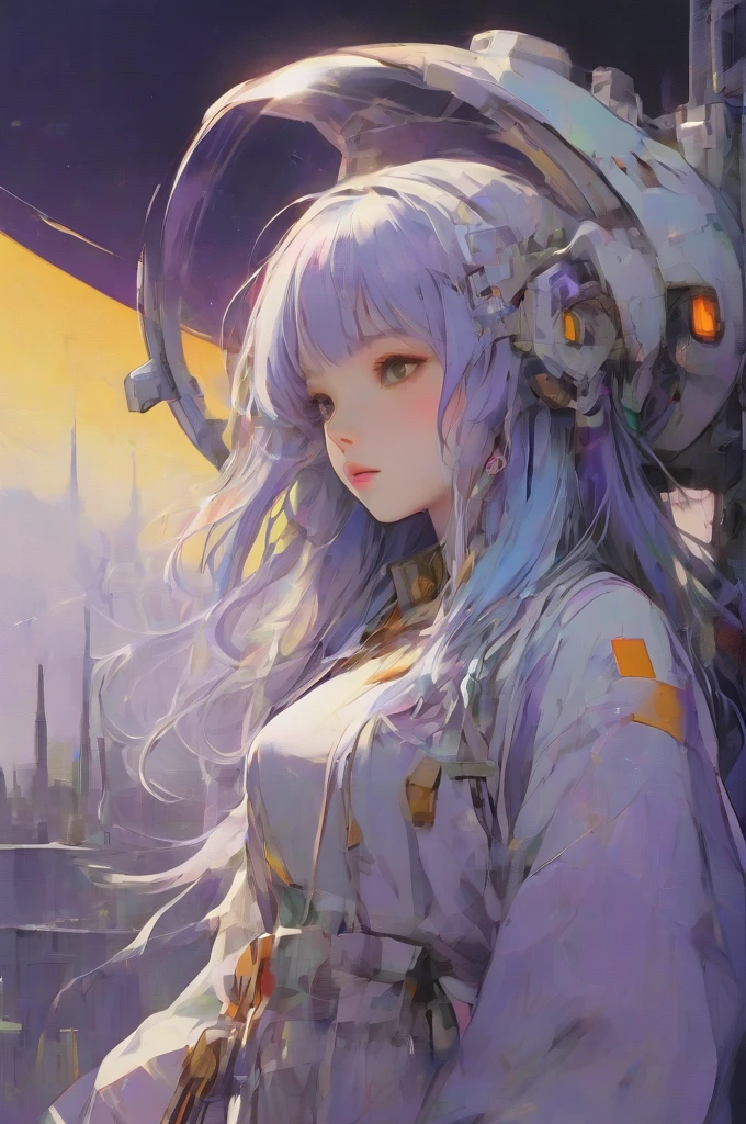 ((best quality)), ((masterpiece)), (detailed), perfect anime waifu girl face, her name is Lovelot, she has long straight purple hair, she wears a white tunic with a series of shapes printed on it that look like code, her skin is brown, her eyes are purple, she's cute but tough, she flies a pod spaceship that is parked next to her, she has just landed on a strange planet, strange brutalist style architecture, surreal, art nouveau, in the illustrative style of moebius, spaceships, fantasy, sci-fi, graphic novel, line drawing, french retro, 60s psychedelic, trippy, hippy, ((purple, yellow, and light blue)), big breasts, cleavage, 