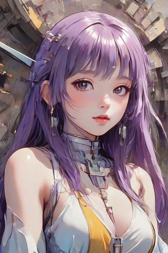 ((best quality)), ((masterpiece)), (detailed), perfect anime waifu girl face, her name is Lovelot, she has long straight purple hair, she wears a white tunic with a series of shapes printed on it that look like code, her skin is brown, her eyes are purple, she's cute but tough, she flies a pod spaceship that is parked next to her, she has just landed on a strange planet, strange brutalist style architecture, surreal, art nouveau, in the illustrative style of moebius, spaceships, fantasy, sci-fi, graphic novel, line drawing, french retro, 60s psychedelic, trippy, hippy, ((purple, yellow, and light blue)), big breasts, cleavage, 