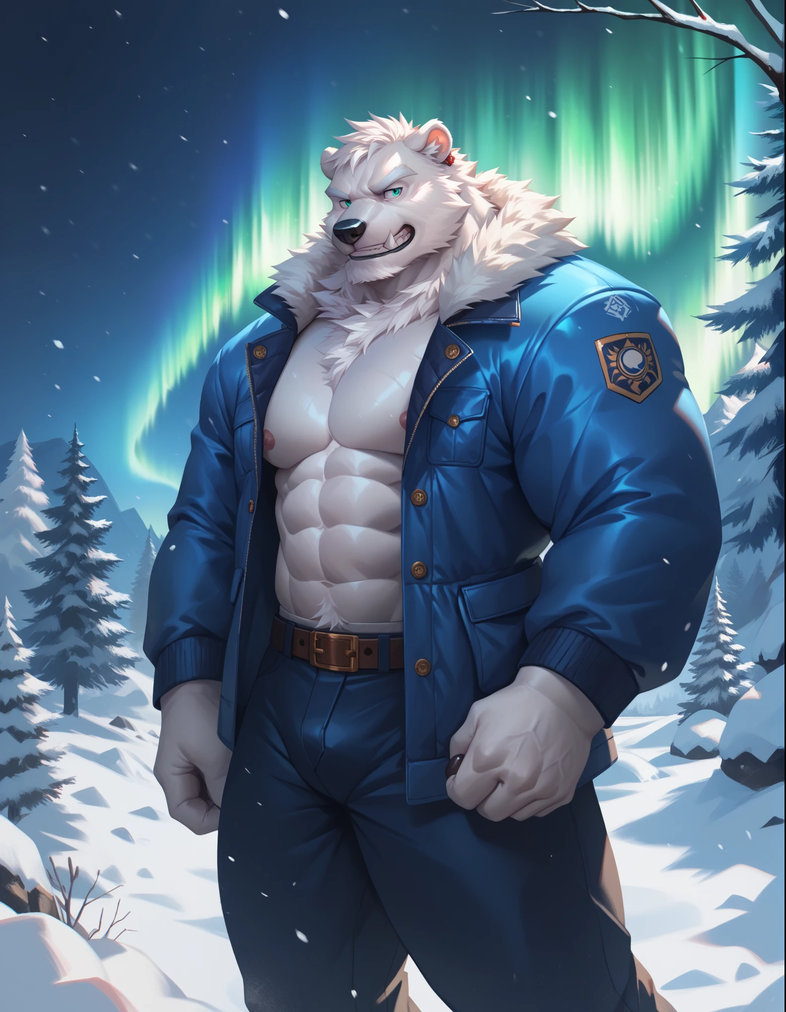 lindong, semirealistic:1.3, snow, Atlantic, night, aurora borealis, furry polar bear, white furr, pants, belt, standing, muscular, mass, old