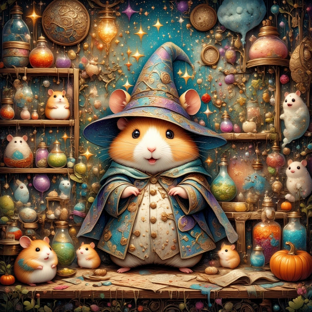 (A charming hamster dressed as a whimsical sorcerer, with a pointy blue hat adorned with silver stars and a flowing robe decorated with shimmering galaxies) This enchanting creature stands in the center of an ancient alchemy lab, where the air is thick with the scent of aged parchment and herbal concoctions. Around it, shelves are laden with glass vial upon glass vial, each filled with potions that glow under the gentle lamplight—reds and purples, greens and blues swirling within their fragile confines. The atmosphere is made more magical by the subtle hum of soft, ethereal music that seems to come from nowhere and everywhere all at once. In this otherworldly setting, Halloween decorations—spooky yet charming—are scattered throughout; tiny pumpkins with toothy grins and specter-shaped candles that flicker with a life of their own cast playful shadows on the walls. The hamster, in its enchanting sorcerer's guise, carefully examines a particularly vibrant potion, its tiny paws cradling the glass gently, eyes wide with awe and curiosity. The scene is a tapestry of whimsy and wonder, where magic is not just a concept but a living, breathing reality. The alchemy lab, alive with colors and potion-induced smoke that curls and twists in the air like dancing phantoms, is both a sanctuary and a playground for this adorable little conjurer.