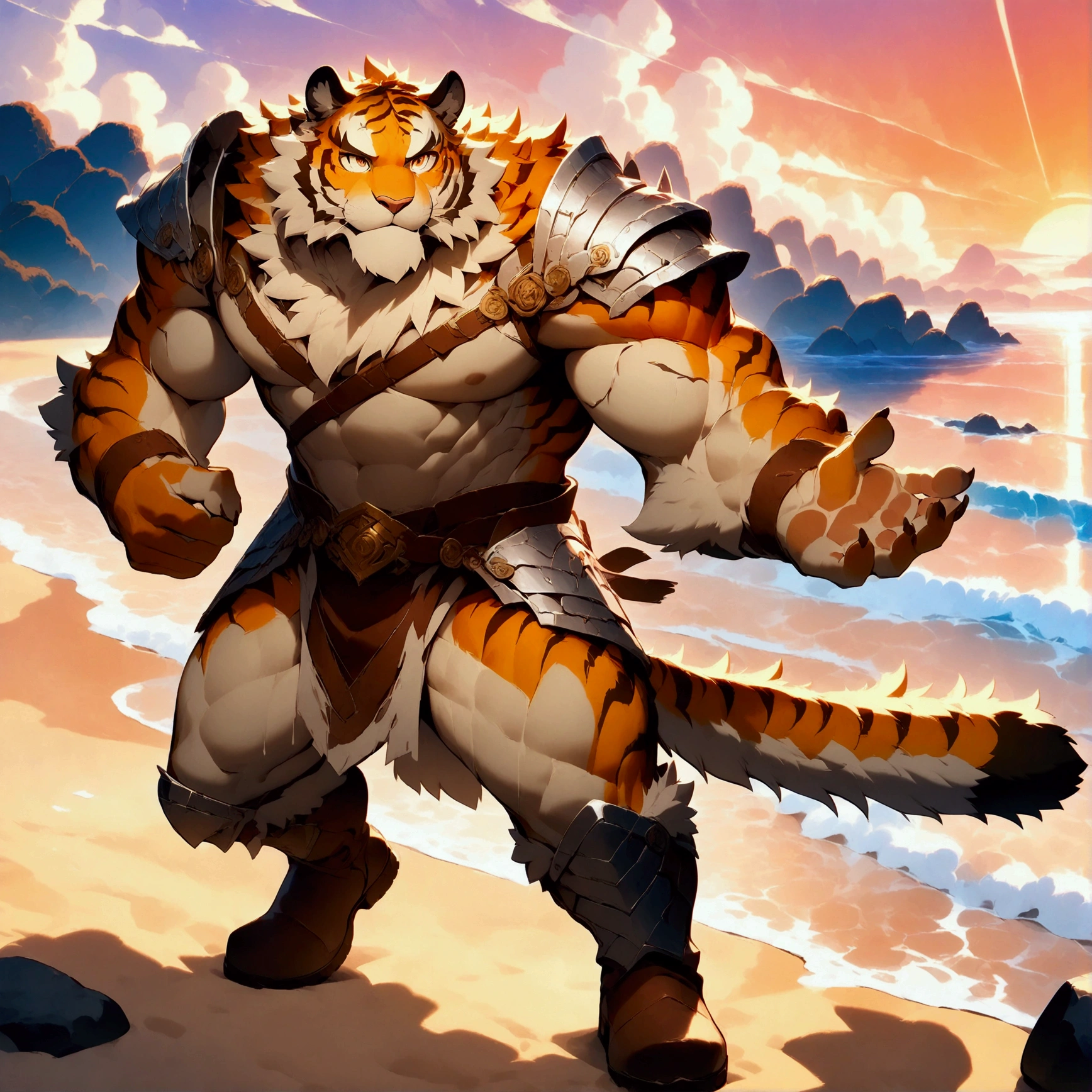 character focus, full body, looking away, various angle, european fantasy, a plump middle-aged tiger man, clothed, heroic costume, full armor, pants, dynamic pose, BREAK complete anatomy, perfect proportions, beautiful thigh gap, fluffy body, intricate fur details, beautiful fur texture, BREAK a detailed tiger tail, detailed boots, detailed foot, detailed hands, 5fingers, 5fingers nails, BREAK aesthetic anime face, insanity detailed face, male face, big face, square jawline, aesthetic anime eyes, detailed brown eyes, detailed brown cornea, detailed dark brown irises, detailed pupils, male eyes, big eyes, male eyebrows, innocent look, beautiful beard, BREAK full body in Michelangelo Buonarroti style, digital illustration anime, housamo style, detailed painting landscape, beach, path, outdoor, full color, HDR, BREAK masterpiece, official art, best quality, very aesthetic, absurdres, super fine illustration, great quality, BREAK noise reduction, very highres, large filesize, high quality, 32K, 8k wallpaper, dynamic lighting, BREAK insanity detailed, ultra detailed, intricate details, extremely detailed, detailed texture, an extremely delicate and beautiful, BREAK osukemo, e621 illustration, Fur Affinity illustration, kemohomo, anthropomorphic, furry, cartoon, harmonious body, pastoral face, virtuous eyes, epic atmosphere