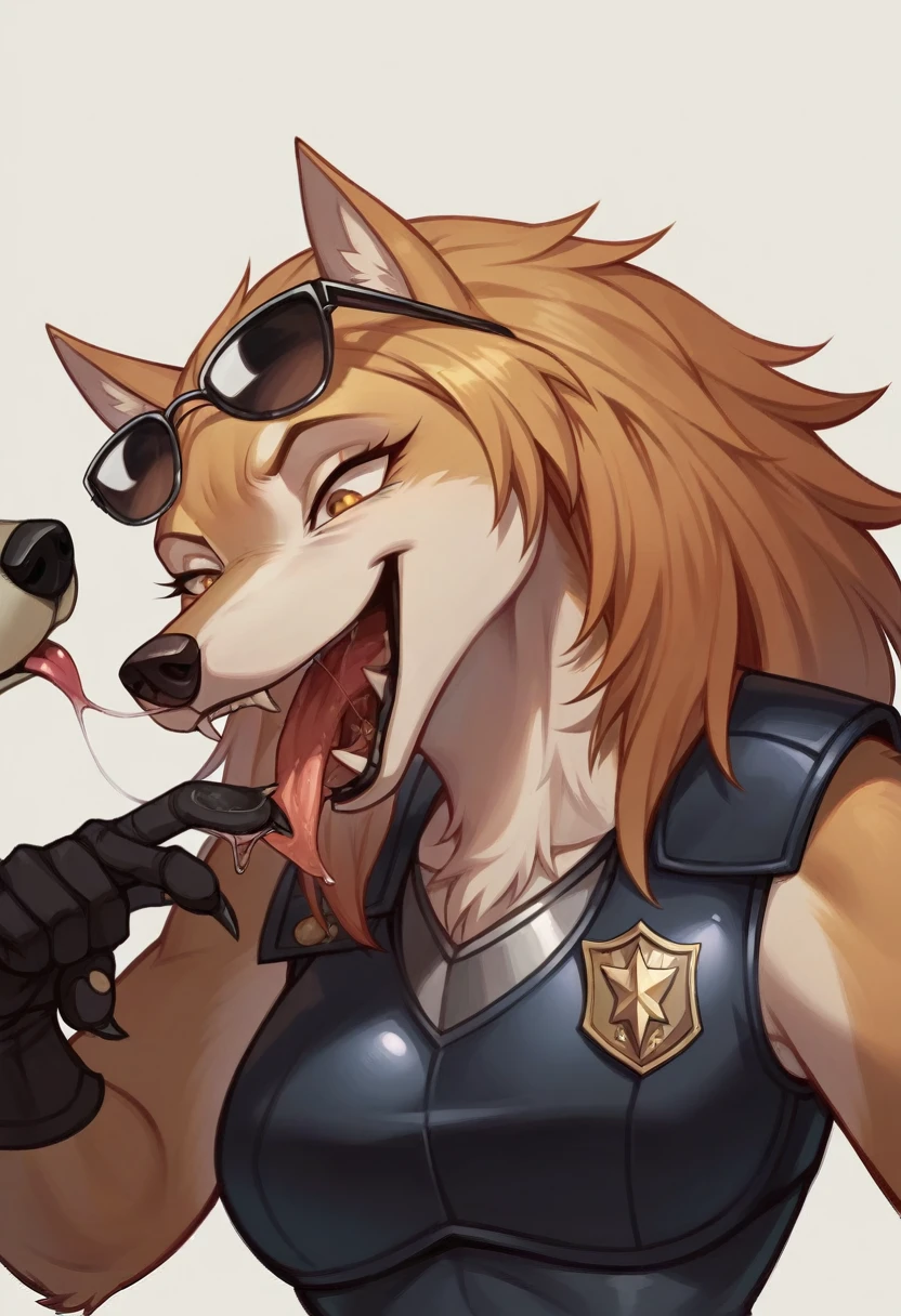 Open Mouth, Accurate, Long Hair, Breasts, Wolf Ears, Tongue, Smile, Sunglasses, dark armoured police anthro vest, sniffling the viewer, drool over the tongue.