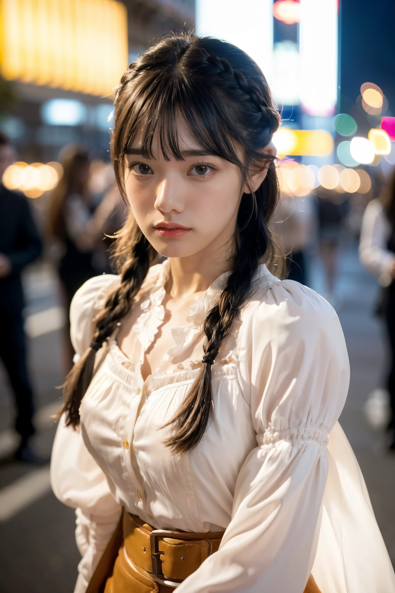 best quality, photorealistic, 1girl, woman,(skindentation), medium breast, (bright), (professional lighting, bokeh), (street), people, crowds, braided bangs, (blouse:1.5), (portait:0.8), gorgeous, bloom, floating hair, (dynamic pose:0.6) , soft lighting, 