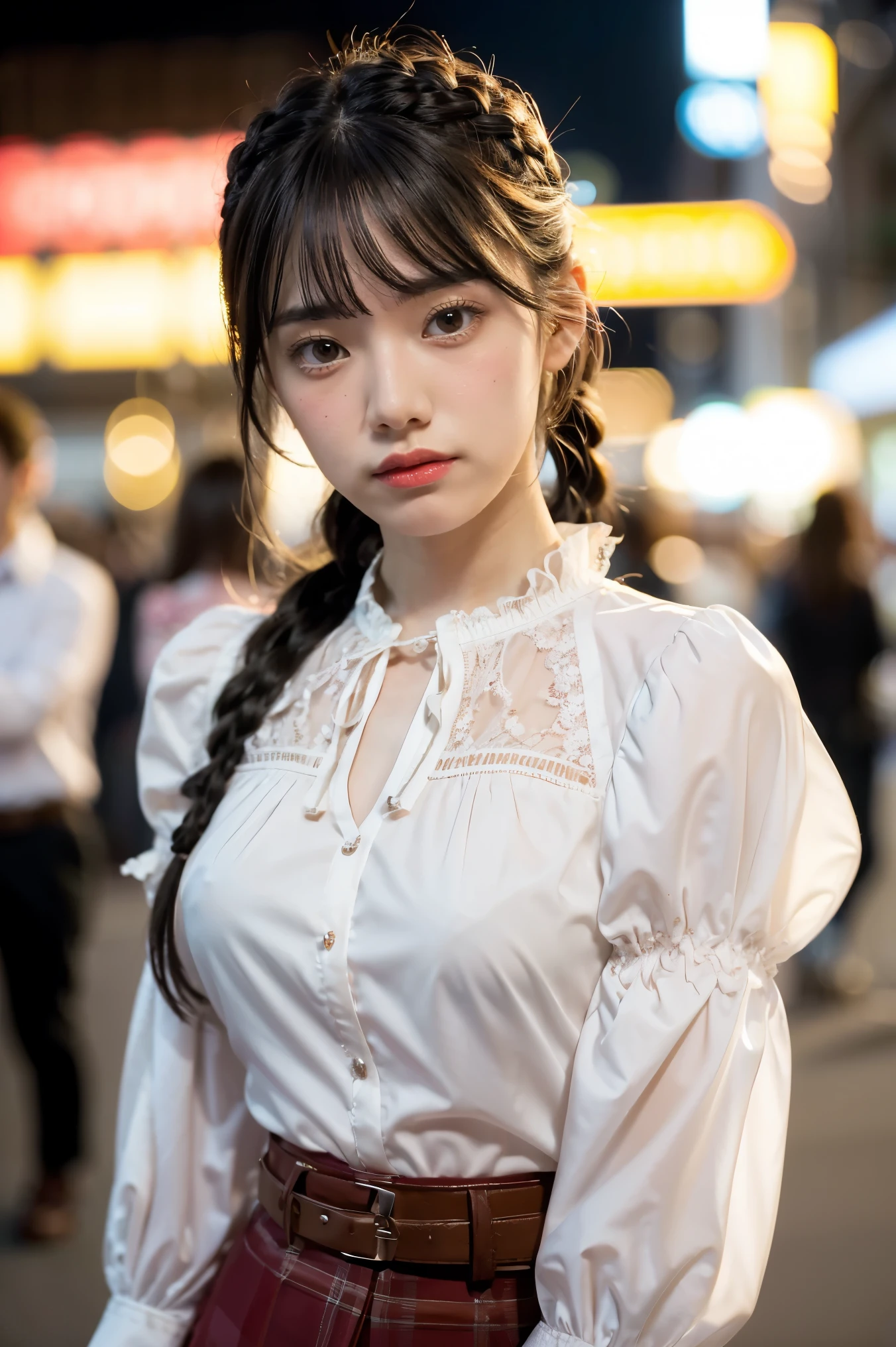 best quality, photorealistic, 1girl, woman,(skindentation), medium breast, (bright), (professional lighting, bokeh), (street), people, crowds, braided bangs, (blouse:1.5), (portait:0.8), gorgeous, bloom, floating hair, (dynamic pose:0.6) , soft lighting, 