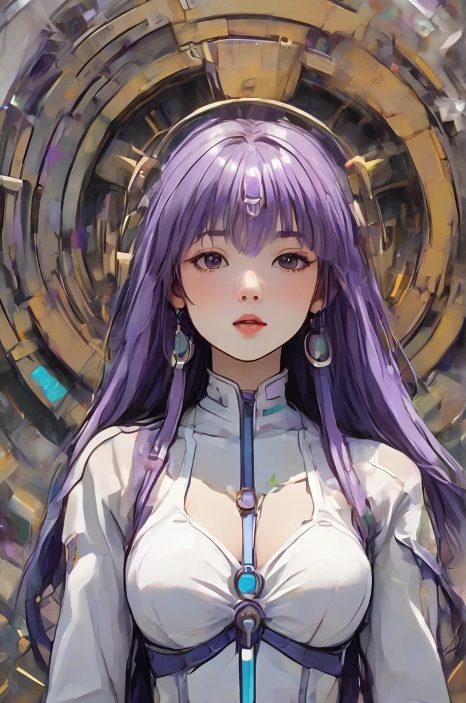 ((best quality)), ((masterpiece)), (detailed), perfect anime waifu girl face, her name is Lovelot, she has long straight purple hair, she wears a white tunic with a series of shapes printed on it that look like code, her skin is brown, her eyes are purple, she's cute but tough, she flies a pod spaceship that is parked next to her, she has just landed on a strange planet, strange brutalist style architecture, surreal, art nouveau, in the illustrative style of moebius, spaceships, fantasy, sci-fi, graphic novel, line drawing, french retro, 60s psychedelic, trippy, hippy, ((purple, yellow, and light blue)), big breasts, cleavage, 