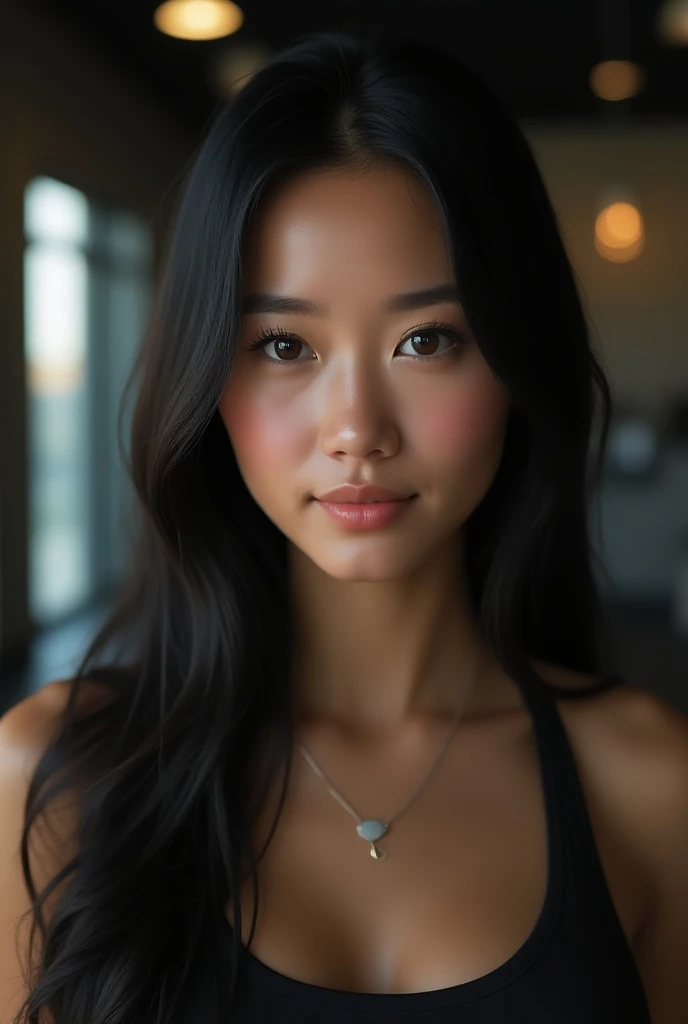 "Create a hyper-realistic, high-resolution image of an 18-year-old girl at an amusement park, wearing a stylish swimsuit. She is smiling and standing alone on a merry-go-round. The scene should capture her delicate facial features, dark eyes, and very long, straight hair that falls past her hips. Her expression should be calm yet cheerful, and the composition should be dynamic with sharp focus on her, showcasing her swimsuit and the surrounding park environment. The image should be ultra-detailed and photorealistic, highlighting the natural texture of her hair and the fabric of her swimsuit." More realist