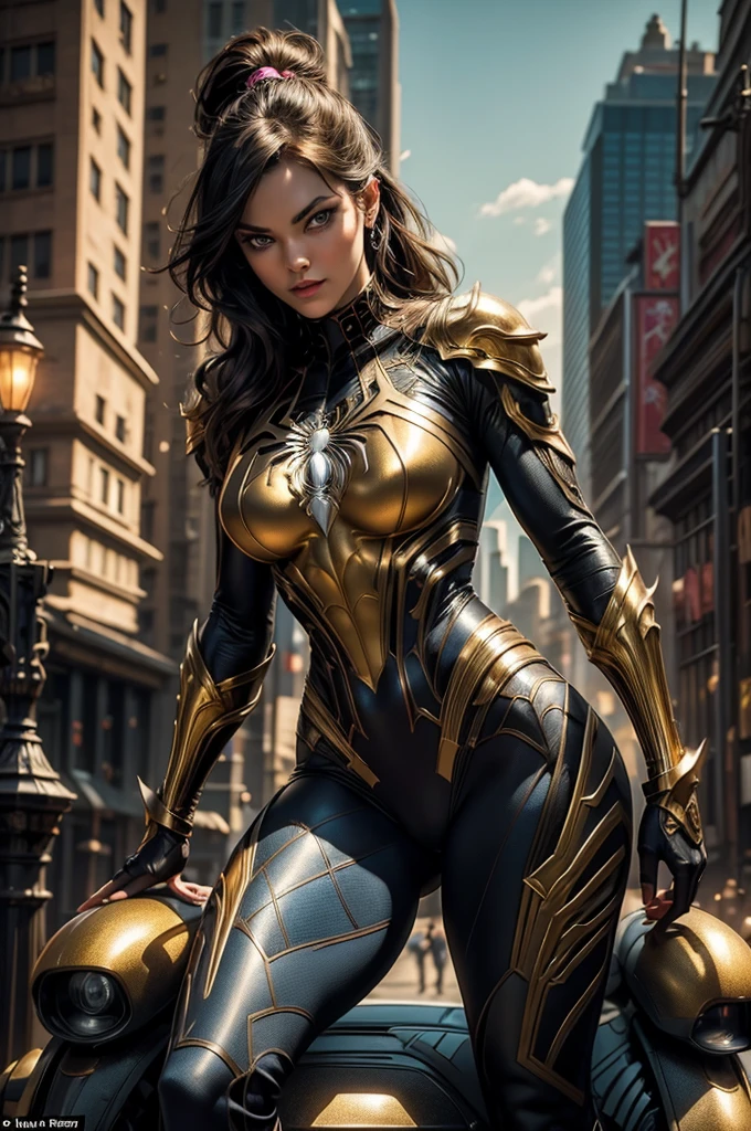 Create an ultra-realistic 8K full-body image of a stunning brunette Spider-Woman with piercing blue eyes. She has a curvaceous figure, accentuated by her large breasts and toned physique. Her costume is a majestic black and gold with intricate metallic pink details, perfectly complementing her charm, captured with a 50mm f/1.4 lens to highlight the depth and detail of the armor and scenery, photographic style with epic realism. She strikes a provocative spider-attack pose on top of a skyscraper and in the background, flashing a subtle yet seductive smile. Side-view shooting angle, capturing the energy and vibrancy of Spider-Woman. The atmosphere is full of mischief and charm, emphasizing her alluring presence., Harmonious, Americana, Gadgetpunk, cow-boy shot, 2d platformer, Sharp, Collage, charcoal colors, Hauntology, led s lighting, realistic dramatic lighting 8k portrait fine details photorealism cinematic intricate details cinematic lighting photo realistic 8k