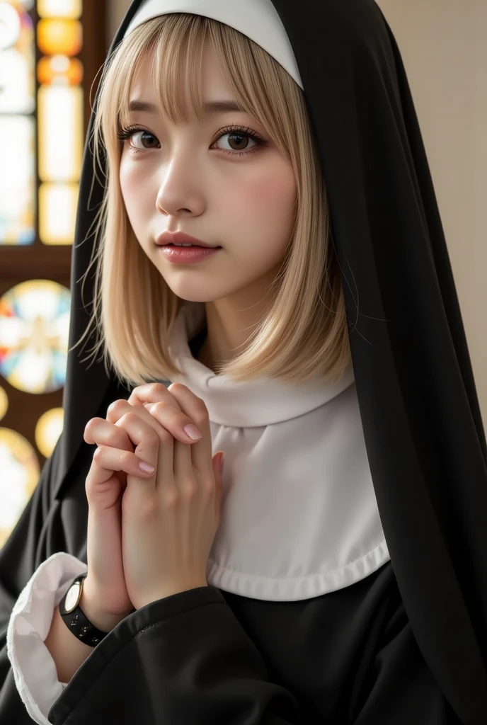 
One girl, gal,(side view), full body、Hands gently clasped together as if in prayer.,Sexy nun attire, blonde, brown eyes. Dark makeup, glittery eyeshadow, long mascara. Blush, pink lips. Beautiful woman,Looking at the front,erotic,ultra high resolution,beautiful,beautiful fece,whole body,japanese woman,（Photoreal：1.37）,Physically based rendering、depth of field rally background、photograph, (I can see your knees,close up of thighs:1.5)、super fine、（8k、Raw photography、highest quality、masterpiece：1.2),church,stained glass