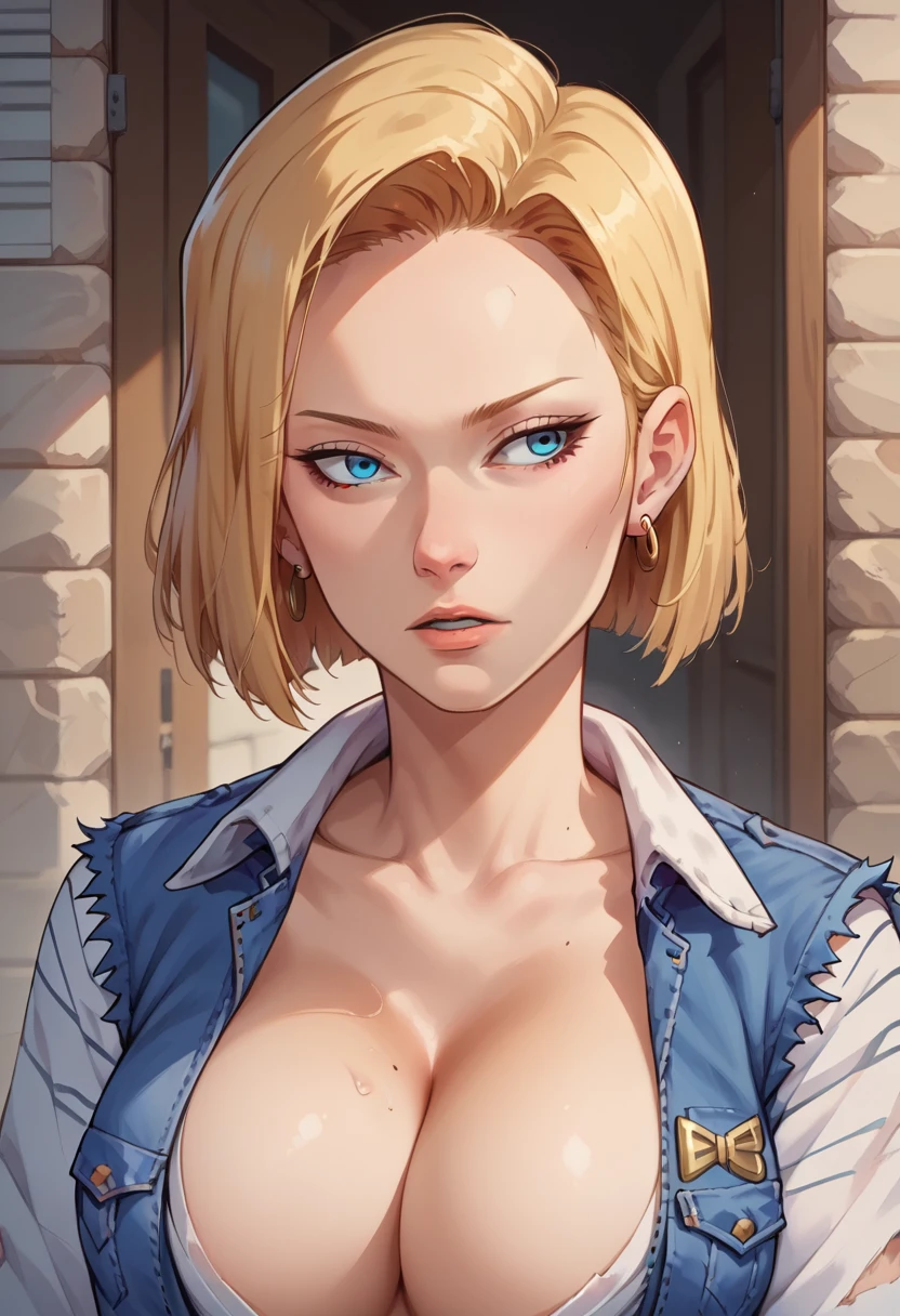 score_9, score_8_up, score_7_up, score_6_up, score_5_up, score_4_up, (source_anime), 1girl, solo, breasts, short hair, blue eyes, blonde hair, shirt, long sleeves, cleavage, jewelry, jacket, upper body, earrings, parted lips, huge breasts, gradient, looking to the side, torn clothes, black shirt, torn shirt, android 18, dusk settings, Expressiveh