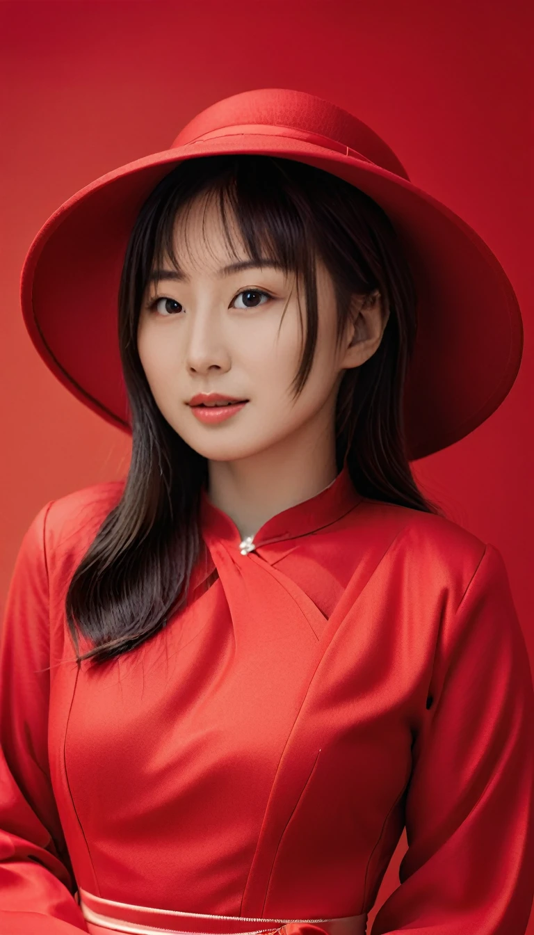 surealism style, a beautiful Japanese  woman in a red dress, wearing a big red hat on the right, the dress is made of red background, the dress blends with the background, looking up poses,
in a clever use of negative space style, I can't believe how beautiful this is, the light from the front, the red background,
high contrast, photo studio, sharp, detailed and intricate shapes --ar 29:43 --v 6.0, kodew