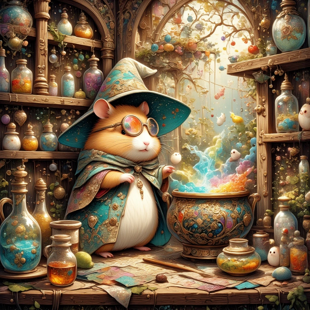 (An adorable hamster donned in a classic wizard's outfit, complete with a miniature broomstick and a cloak that transitions from dark velvet to luminous emerald in the dim light) This curious creature finds itself in a fantastical alchemist's atelier, where every nook and cranny speaks of mystery and discovery. The room is alive with the vibrant hues of countless potion bottles lining the wooden shelves—each vial a promise of wonder, with contents that glisten like liquid jewels. The ambiance is lively and jubilant, reminiscent of a never-ending Halloween night, with enchanting decorations like spider webs spun from silver thread and ghostly figures made from translucent paper floating gently in the air. This magical hamster, embodying the spirit of an adventurous Halloween night, peers through a mystical monocle at a bubbling cauldron. The brew within emits rainbow-colored steam, perfuming the air with an aroma that is sweet and slightly spicy, evoking memories of hood tales told under moonlit skies. Around the hamster, the atelier feels alive; glimmers of light dance off ornate potion bottles, creating spectral shapes that flit across the walls, weaving a dance of light and shadow. The scene is an enchanting blend of sophistication and like joy, a place where the boundary between reality and fantasy blurs, drawing viewers into an endless celebration of magic and wonder.