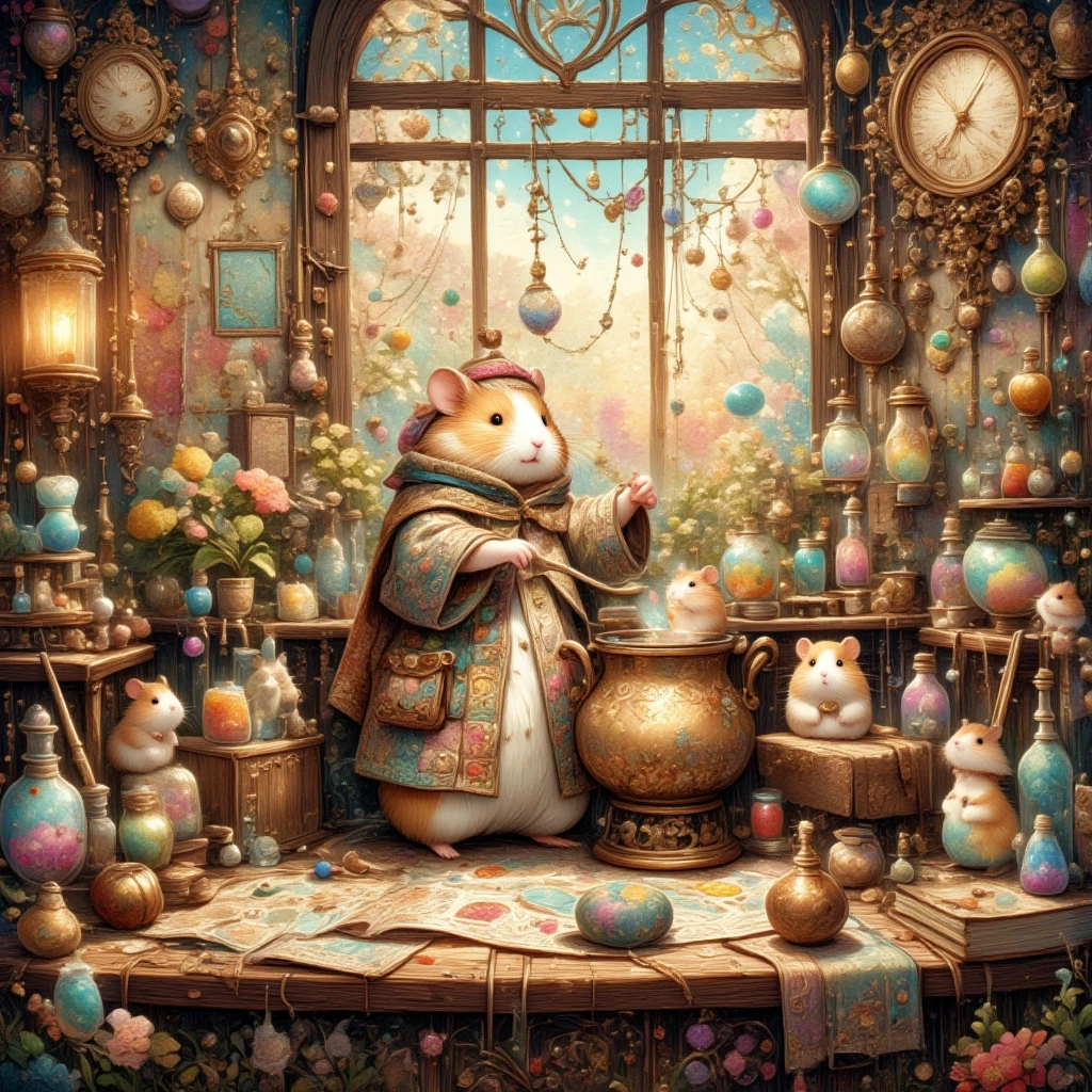 (A delightful hamster dressed as a mystical alchemist, featuring a small leather satchel filled with mysterious trinkets and a robe speckled with motifs of celestial bodies) The adorable creature sits perched on an antique wooden stool, surrounded by a kaleidoscope of potion bottles that glow with inner light as if harboring tiny fragments of the cosmos. The atmosphere is vibrant and surreal, encapsulating the very essence of Halloween's magical possibilities. The lab is decked with festive yet mysterious charms: eerie masks mounted on the walls, cobweb-laden candles in iron sconces casting warm, flickering light, and enchanted broomsticks that occasionally levitate just a few inches above the floor. Our tiny alchemist expertly brews a concoction in a copper cauldron, the liquid swirling in colors that seem to dance and mingle in joyful harmony. The scent of enchanted herbs mingles with the gentle rustle of turning pages, as an open grimoire lays on the desk, its pages detailing spells both ancient and arcane. Around the hamster, orbs of pastel lights hover and twirl, casting a gentle glow that bathes the atelier in an aura of dreams and creativity. This whimsical space exudes a sense of timelessness, where every moment holds the potential for legendary creation, and every corner whispers stories of magic waiting to unfold.