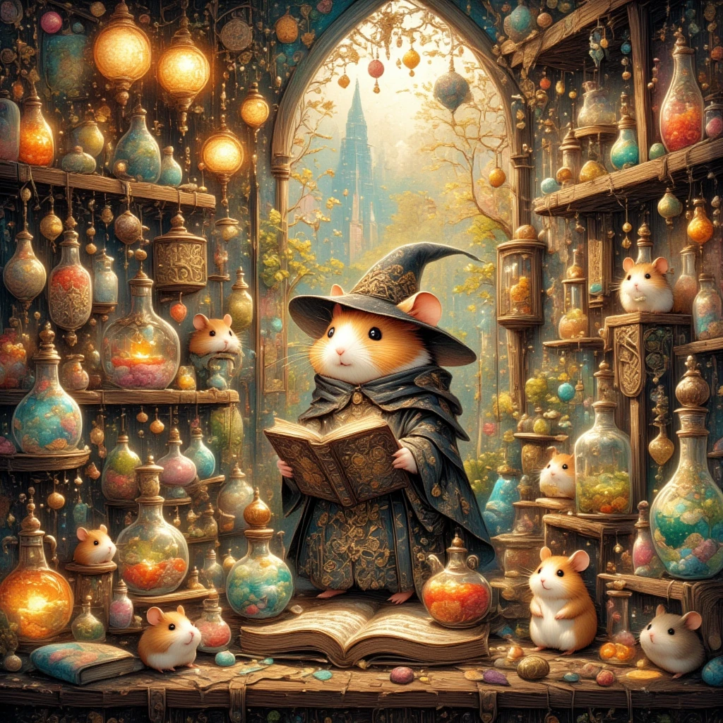 (A cute hamster dressed as an elegant magician in a midnight black robe lined with tiny, swirling runes of silver ink, and a hat that seems to brim with starlight) It stands enthralled by the alchemy lab's lively charisma, an eclectic assemblage of paraphernalia from myriad epochs of spellcraft. Bottles of every conceivable shape and color vie for attention, their contents glowing with supernatural vibrancy, creating a spectrum of luminescence that dances across the dark wooden walls. Halloween spirit abounds as ethereal strands of light weave around hanging charms and lanterns shaped like grinning jack-o'-lanterns, each with a flicker of spectral fire inside. The atmosphere is intoxicatingly magical, filled with the whimsical melody of distant, invisible choirs and the harmonious tones of mystical chimes twinkling like the stars. Our diminutive mage is absorbed in a tome bound with dragonhide, ancient words humming with energy beneath the hamster’s curious gaze. The atelier is a place where alchemy and enchantment converge, where the air sparkles with possibility, and the very corners seem to thrum with unspoken spells. In this resplendent locale, the boundaries of imagination and reality blur, washed in a hypnotic cascade of color and light—a playground for the fantastical and the delightful.