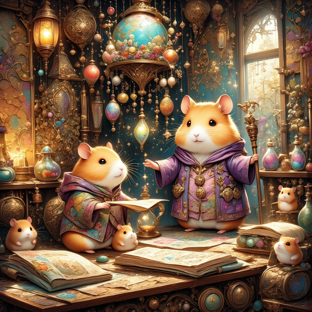 (An immensely cute hamster in full spell-caster regalia, featuring a robe made of shimmering violet silk and a magical staff topped with a crystal orb that pulsates gently with a heartwarming glow) The enchanted little creature explores a mesmerizing alchemy studio, where every surface tells a story of magical innovation. Bottles of infused essence sit upon sturdy tables, their colors shifting like kaleidoscopes as if responding to some unseen rhythm. The vibe is lively with the spirit of Halloween—a whimsical festival of light and shade—enhanced by hanging garlands fashioned from spectral flowers and flickering luminaries shaped into contented specters. The atmosphere is rich with the sound of soft, melodic tunes played by invisible musicians, and the whisper of ancient secrets slithering through the air. This enchanting hamster busies itself organizing scrolls, its paws deftly navigating piles of star charts and spell recipes lying on the ornate oak counter. Under the watchful gaze of floating lanterns that illuminate the space with a tender glow, the atelier comes alive, boasting an atmosphere where fantasy thrives and creativity is always in bloom. It is a place of unlimited wonder, every detail meticulously designed to celebrate magic and merriment, capturing the heart and soul of those fortunate enough to witness its enchanting spectacle.