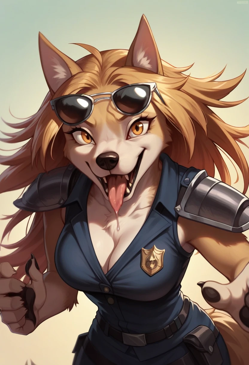 Open Mouth, Accurate, Long Hair, Breasts, Wolf Ears, Tongue, Smile, Sunglasses, dark armoured police anthro vest, drooling over the viewer 