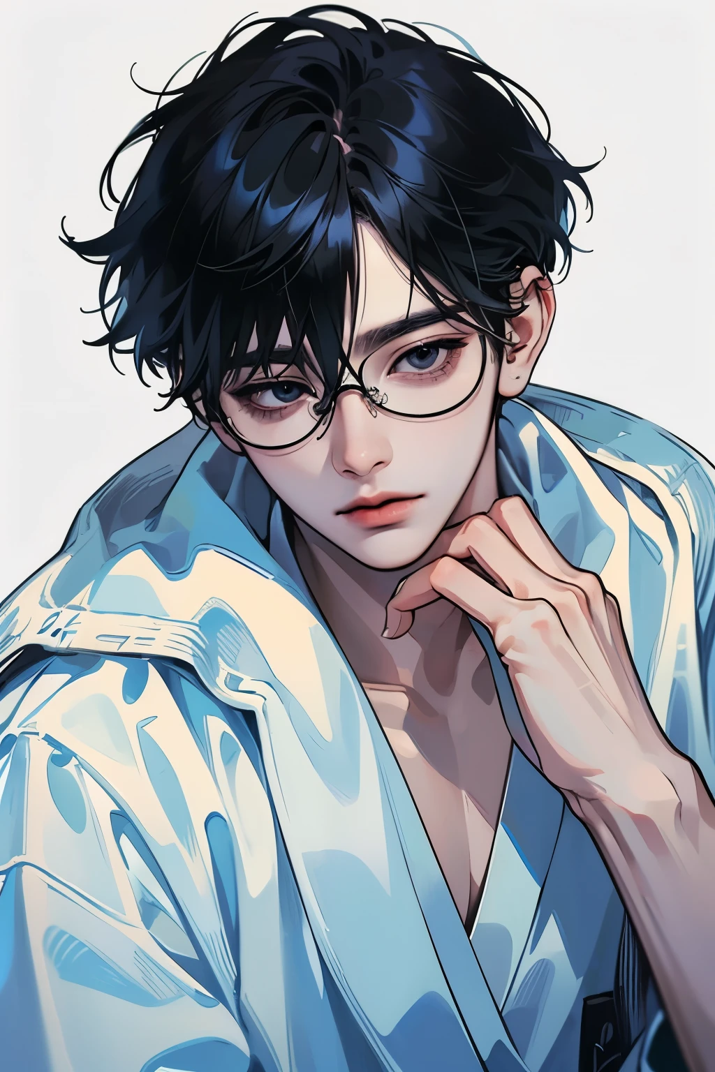 masterpiece,  Best Quality , 1 person, hyundai, hyundai 배경, ( Best Quality 、masterpiece、 high resolution、 Detailed )、male,1 person,2,Long and thin eyes, Handsome, Average body type,  is watching the audience, ((clean background )), ((whole body)), black eyes, blue hair, Japanese, wearing Glasses