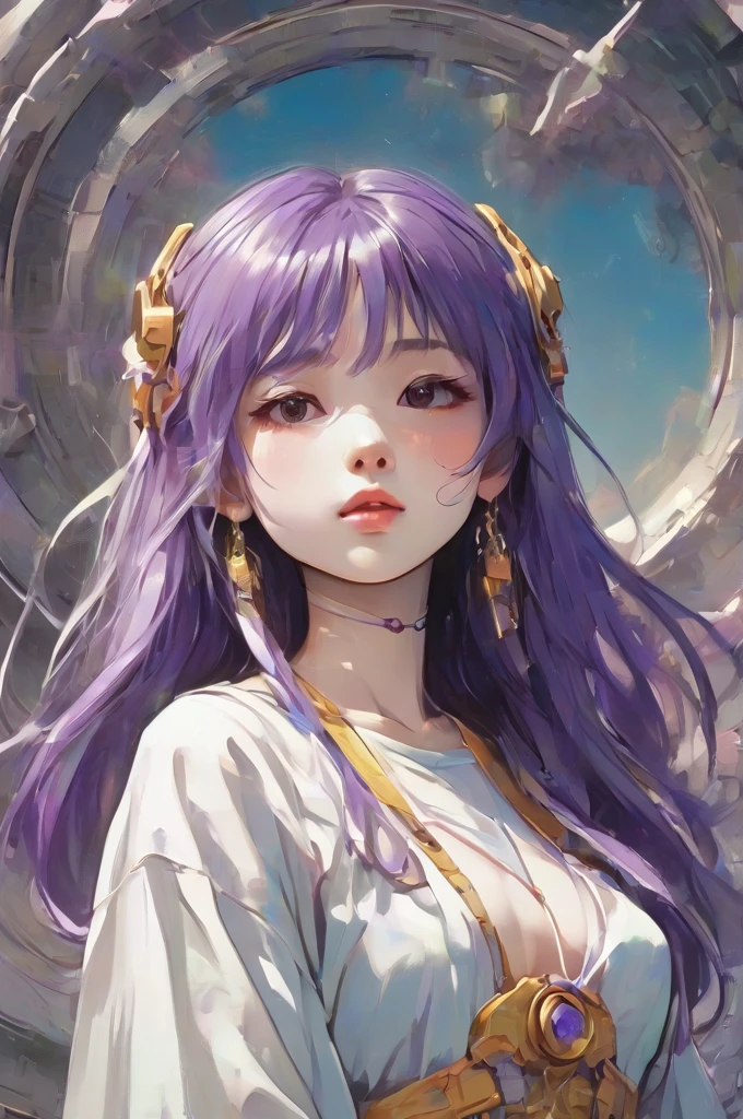 ((best quality)), ((masterpiece)), (detailed), perfect anime waifu girl face, her name is Lovelot, she has long straight purple hair, she wears a white tunic with a series of shapes printed on it that look like code, her skin is brown, her eyes are purple, she's cute but tough, she flies a pod spaceship that is parked next to her, she has just landed on a strange planet, strange brutalist style architecture, surreal, art nouveau, in the illustrative style of moebius, spaceships, fantasy, sci-fi, graphic novel, line drawing, french retro, 60s psychedelic, trippy, hippy, ((purple, yellow, and light blue)), big breasts, cleavage, 