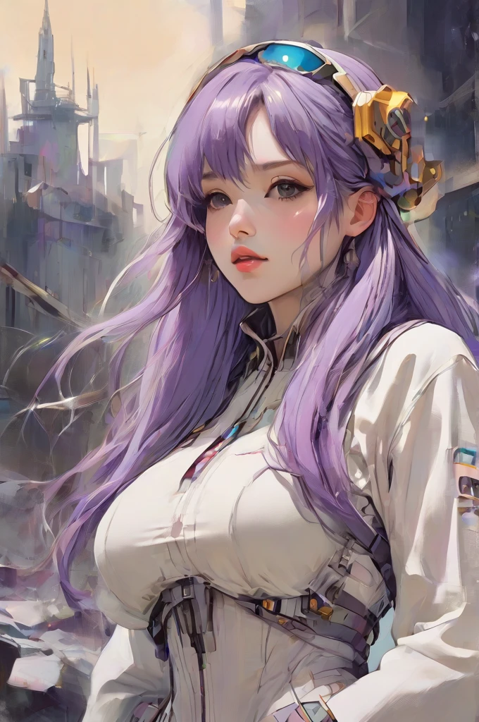 ((best quality)), ((masterpiece)), (detailed), perfect anime waifu girl face, her name is Lovelot, she has long straight purple hair, she wears a white tunic with a series of shapes printed on it that look like code, her skin is brown, her eyes are purple, she's cute but tough, she flies a pod spaceship that is parked next to her, she has just landed on a strange planet, strange brutalist style architecture, surreal, art nouveau, in the illustrative style of moebius, spaceships, fantasy, sci-fi, graphic novel, line drawing, french retro, 60s psychedelic, trippy, hippy, ((purple, yellow, and light blue)), big breasts, cleavage, 