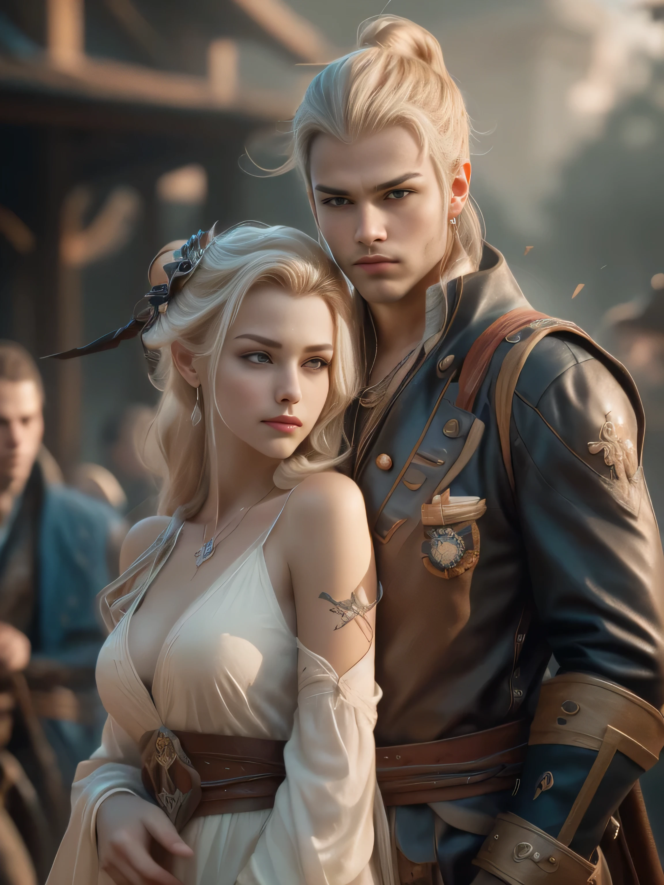 (Best Quality, Super Detail, Masterpiece, Representative Work, Official Art, Professional, Super Fine Detail, 8k:1.3), (Photorealism:1.2), (Couple, Beautiful Girl and Boy), Pirate beauty and handsome man Pirate, Handsome guy hugs beautiful girl from behind, Jolly Roger in the Sky, British Coat of Arms on the Body, Sawed-Off Shotguns, A Crowd of Thugs. They Are Not Afraid of Death, Nimble as Hell, And Stoned with a Plan, The Captain's Pride, (Correct Proportions, Perfect Face, Perfect Eyes, Perfect Hands, Sweet Atmosphere, Photorealistic, Sharp Focus, Dreamy Atmosphere, Delicate Details, Soft Volumetric Light), (Backlight:1.3), (Cinematic:1.2), Intricate Details, (ArtStation:1.3)