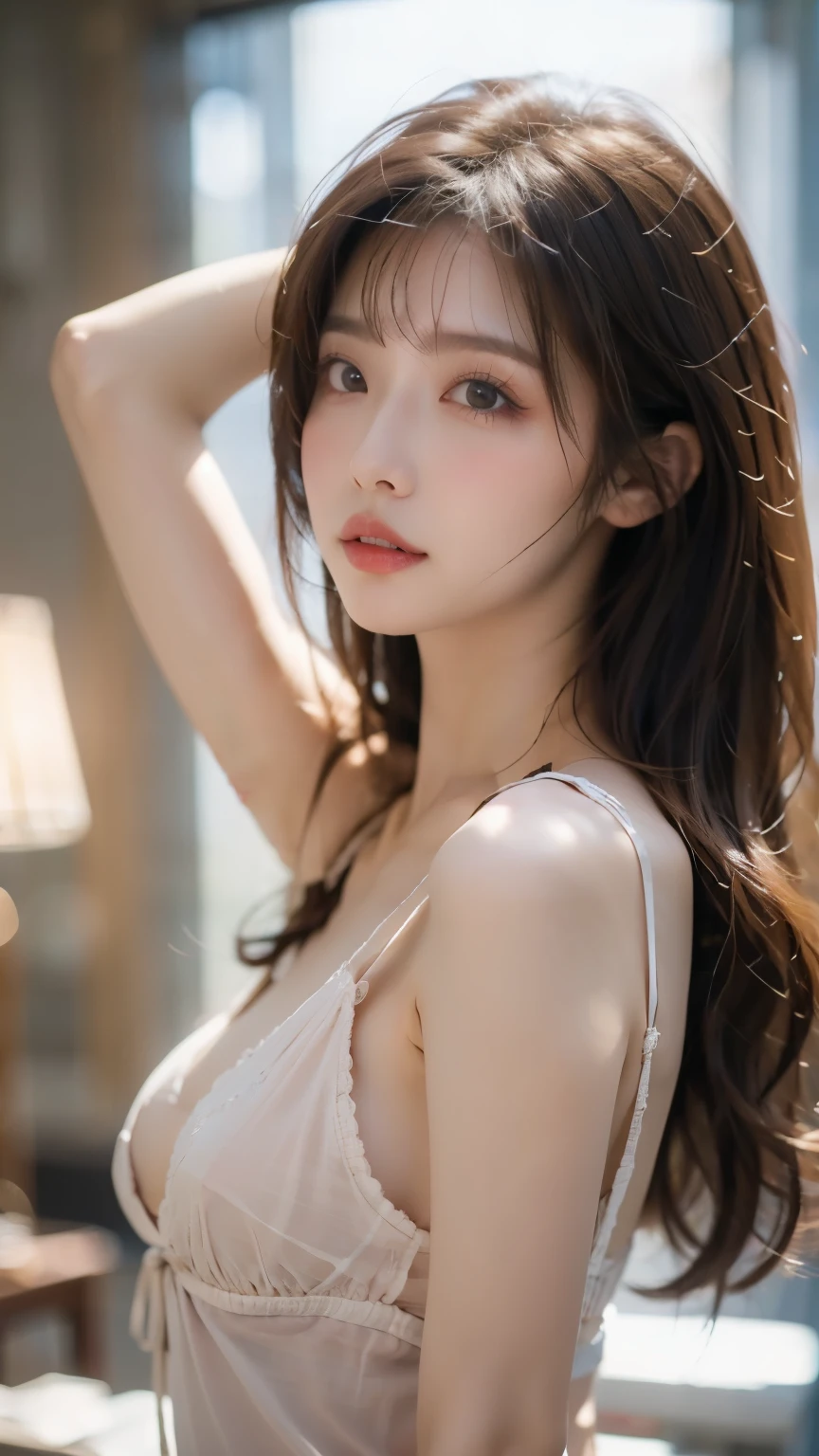 a beautiful japanese woman with long hair wearing a negligee with her breasts completely protruding from the side, experiencing orgasm, extremely detailed, realistic, photorealistic, 8k, cinematic lighting, volumetric lighting, chiaroscuro lighting, dramatic lighting, natural skin tones, intricate details, delicate features, sensual expression, high quality, masterpiece