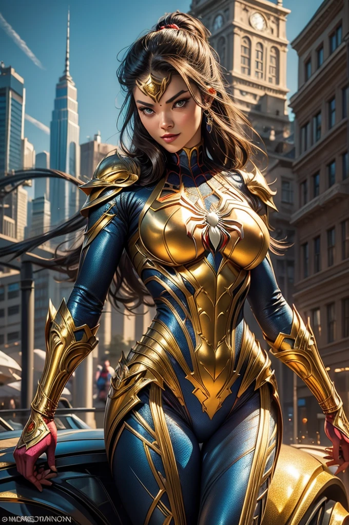 Create an ultra-realistic 8K full-body image of a stunning Asian Spider-Woman with piercing blue eyes. She has a curvaceous figure, accentuated by her large breasts and toned physique. Her costume is a majestic gold with intricate metallic pink details, perfectly complementing her charm, captured with a 50mm f/1.4 lens to highlight the depth and detail of the armor and scenery, photographic style with epic realism. She strikes a provocative spider-attack pose on top of a skyscraper and in the background, flashing a subtle yet seductive smile. Side-view shooting angle, capturing the energy and vibrancy of Spider-Woman. The atmosphere is full of mischief and charm, emphasizing her alluring presence.