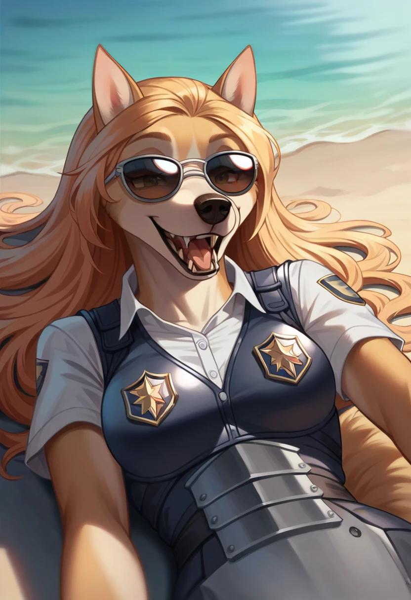 Open Mouth, Accurate, Long Hair, Breasts, Wolf Ears, Tongue, Smile, Sunglasses, dark armoured police anthro vest, lying down on top of the viewer 