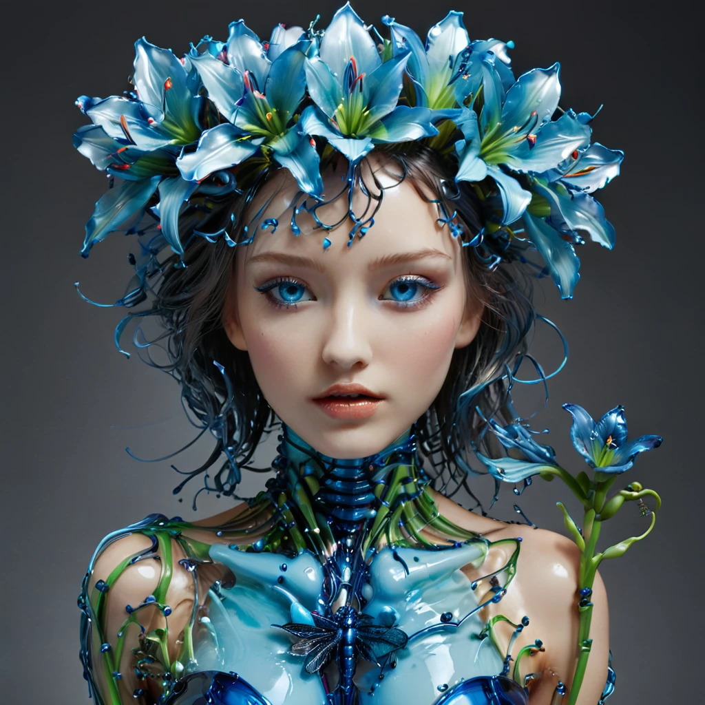  high definition ,  high quality, masterpiece. Hyperrealism. 35award winner .  Glass sculpture ,  reminiscent of Dale Chihuly's style ,  Captured in essence photos by Patrick Demarchelier ,  depicting an android girl with a disproportionately large size,  Dragonfly eyes ,  holding a dark blue neon lily of the valley made of acrylic and metal ,  Glass flowers in the hands ,  Surreal atmosphere ,  filled with love themes ,  hugs of affection ,  hyperrealistic interpretation , resolution 32k, , ultra high definition,  rich in bright colors ,  pen and ink accuracy ,  optimal composition 