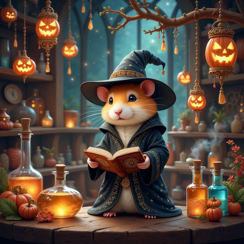 (A cute hamster dressed as an elegant magician in a midnight black robe lined with tiny, swirling runes of silver ink, and a hat that seems to brim with starlight) It stands enthralled by the alchemy lab's lively charisma, an eclectic assemblage of paraphernalia from myriad epochs of spellcraft. Bottles of every conceivable shape and color vie for attention, their contents glowing with supernatural vibrancy, creating a spectrum of luminescence that dances across the dark wooden walls. Halloween spirit abounds as ethereal strands of light weave around hanging charms and lanterns shaped like grinning jack-o'-lanterns, each with a flicker of spectral fire inside. The atmosphere is intoxicatingly magical, filled with the whimsical melody of distant, invisible choirs and the harmonious tones of mystical chimes twinkling like the stars. Our diminutive mage is absorbed in a tome bound with dragonhide, ancient words humming with energy beneath the hamster’s curious gaze. The atelier is a place where alchemy and enchantment converge, where the air sparkles with possibility, and the very corners seem to thrum with unspoken spells. In this resplendent locale, the boundaries of imagination and reality blur, washed in a hypnotic cascade of color and light—a playground for the fantastical and the delightful.