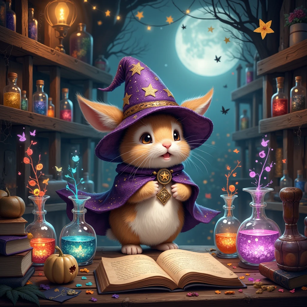 In the heart of twilight's embrace, where shadows and ethereal light dance in an unending waltz, (a plump little bunny with fur like spun silver, adorned with a shimmering purple cape and a crooked sorcerer's hat speckled with stardust) finds itself surrounded by the wonders of a wizard’s workshop. The air tingles with the effervescence of Halloween folklore; it is both a trick and a treat. Lining each wall are shelves laden with spell books, their pages yellowed with lore and wisdom, and glass bottles teeming with liquid rainbows. These vessels—some spherical, others vial-shaped—cast a kaleidoscope of colors that weave through the room like laughing specters. Amongst spectral cobwebs and cryptic symbols etched into ancient wood, the bunny enthusiastically hops from book to book, each thump of its feet summoning a cascade of charms that twinkle like stars. Its heart brims over with exuberance and mischief as it concocts a charm of mirth in a swirling potion of cobalt and pink. Luminous phantoms emblazoned in twilight hues flutter from the concoction, whispering spells crafted from joy and wonder. In this enchanted realm, every bubble, every ring of light, and every whisper sings of a fantasy spun from the essence of delight, where magic is the melody orchestrated by an unseen bard who knows the depths of whimsy and celebration.